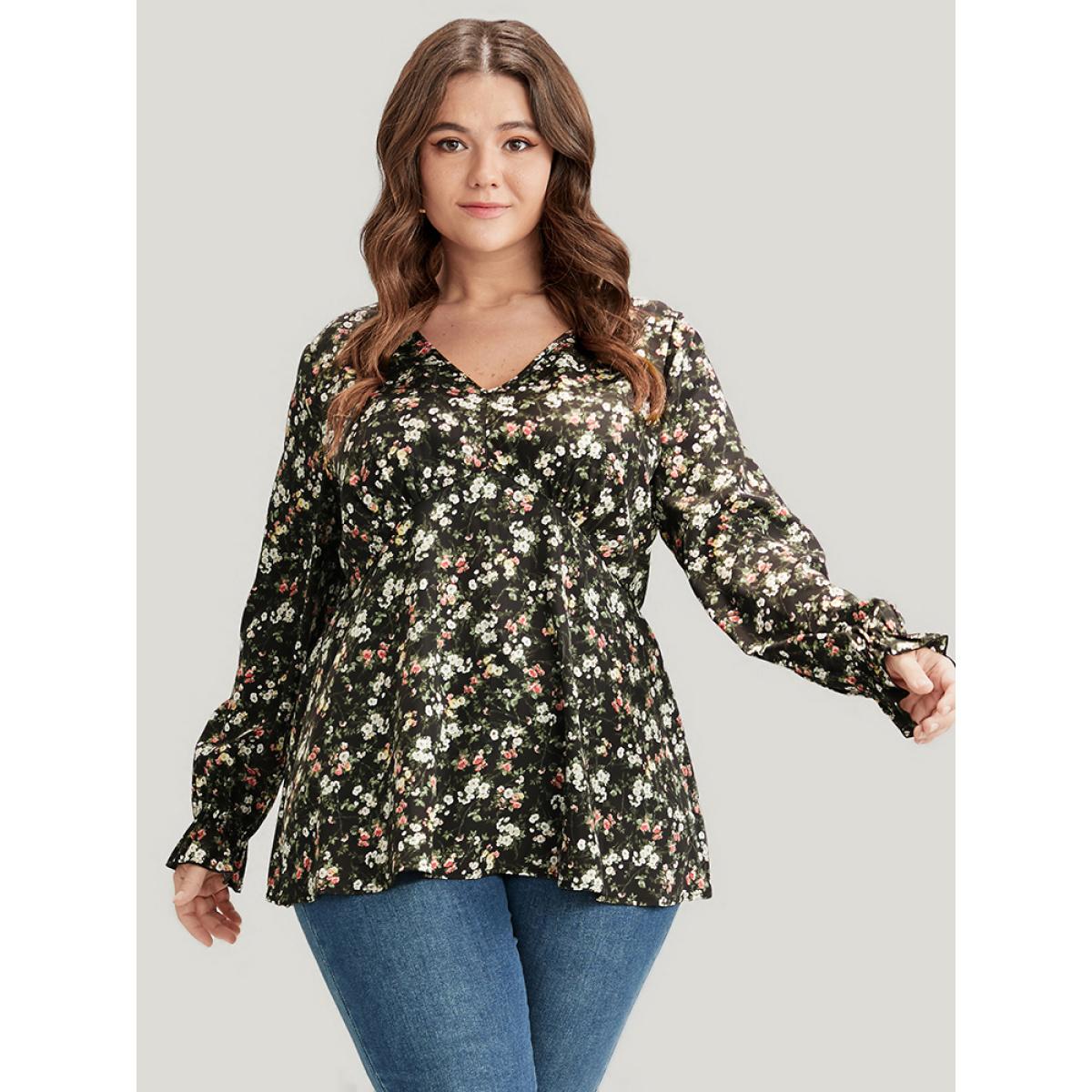 Plus Size Black Floral V Neck Lantern Sleeve Ruffles Blouse Women Elegant Long Sleeve V-neck Dailywear Blouses BloomChic 14-16/1X Product Image