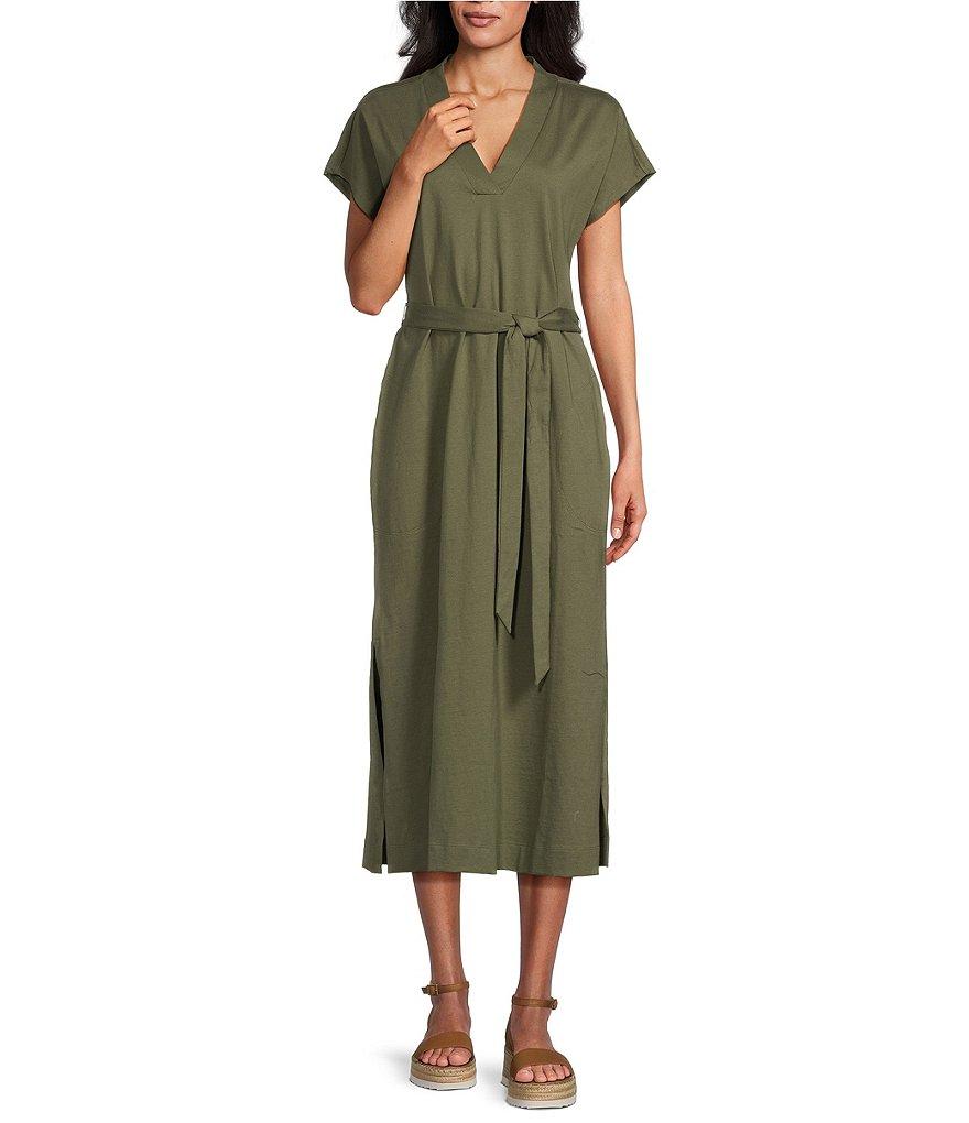 Tommy Bahama Islandscape Jersey V-Neck Short Sleeve Self-Belted Midi Dress Product Image