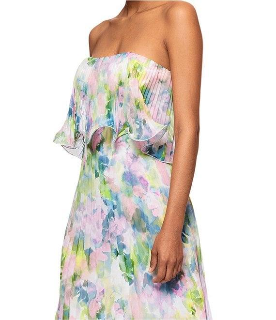 Betsy & Adam Pleated Chiffon Floral Print Strapless Neck Sleeveless Ruffle Gown Product Image