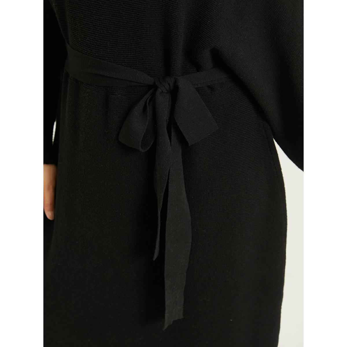 Plus Size Supersoft Essentials Boat Neck Belted Sweater Dress Black Women Casual Long Sleeve Everyday Sweater Dresses BloomChic 28/5X Product Image