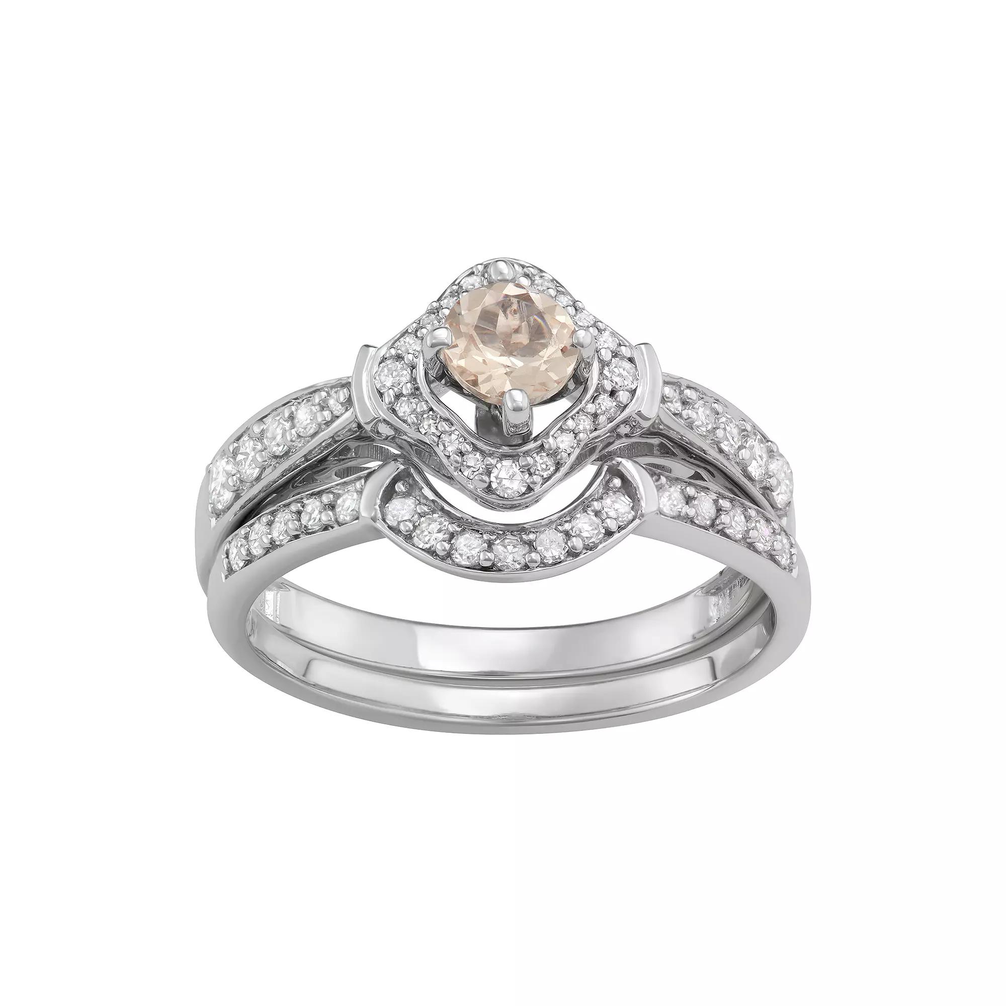 HDI 14k White Gold 1/2 Carat T.W. Diamond & Gemstone Halo Engagement Ring Set, Women's,  Product Image