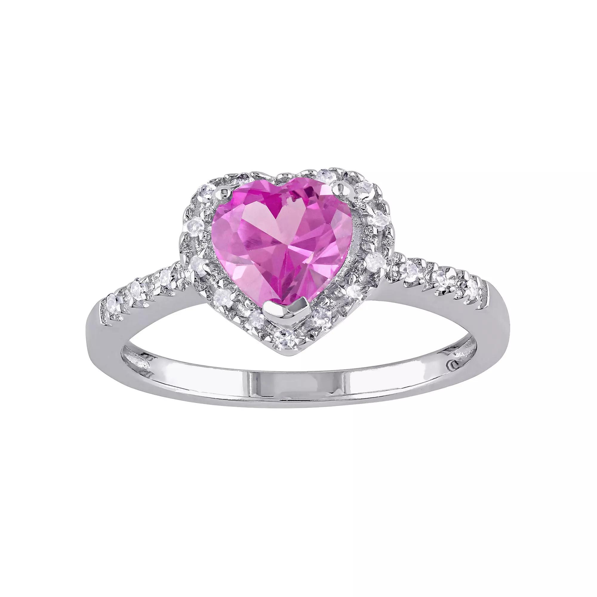 Stella Grace Sterling Silver Lab Created Pink Sapphire & 1/10 Carat T.W. Diamond Heart Halo Ring, Women's Product Image