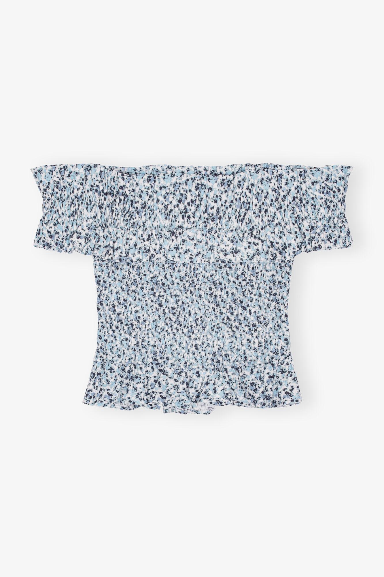 Blue Floral Printed Cotton Off-shoulder Smock Top Product Image