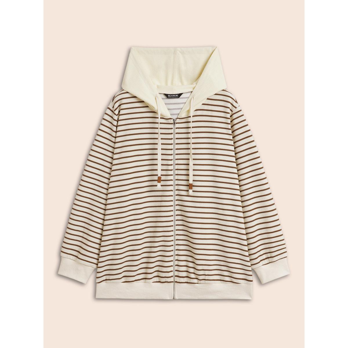 Plus Size Striped Patchwork Texture Hooded Sweatshirt Women Beige Casual Texture Hooded Everyday Sweatshirts BloomChic 28/5X Product Image