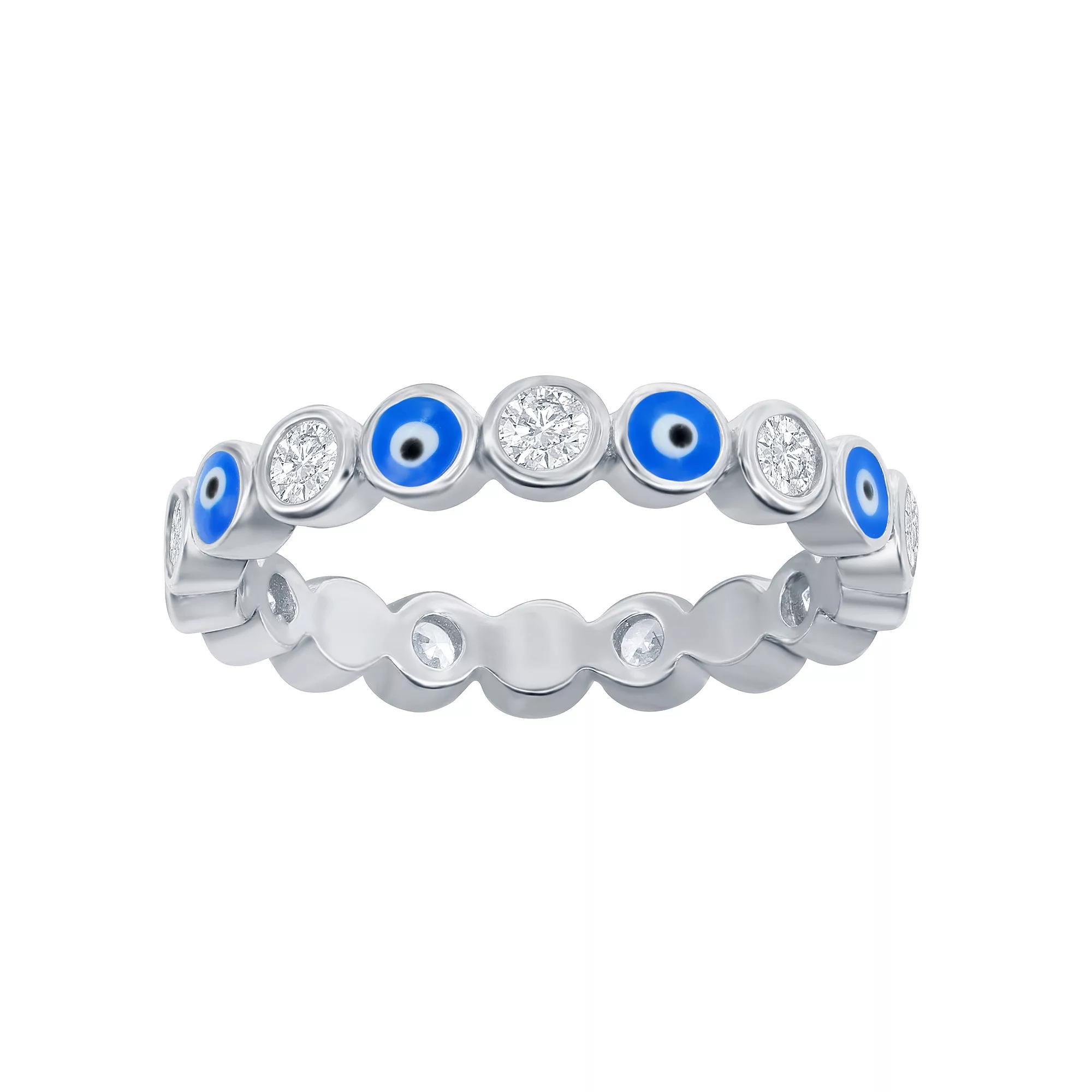 Sterling Silver Cubic Zirconia & Evil Eye Blue Enamel Ring, Womens Product Image