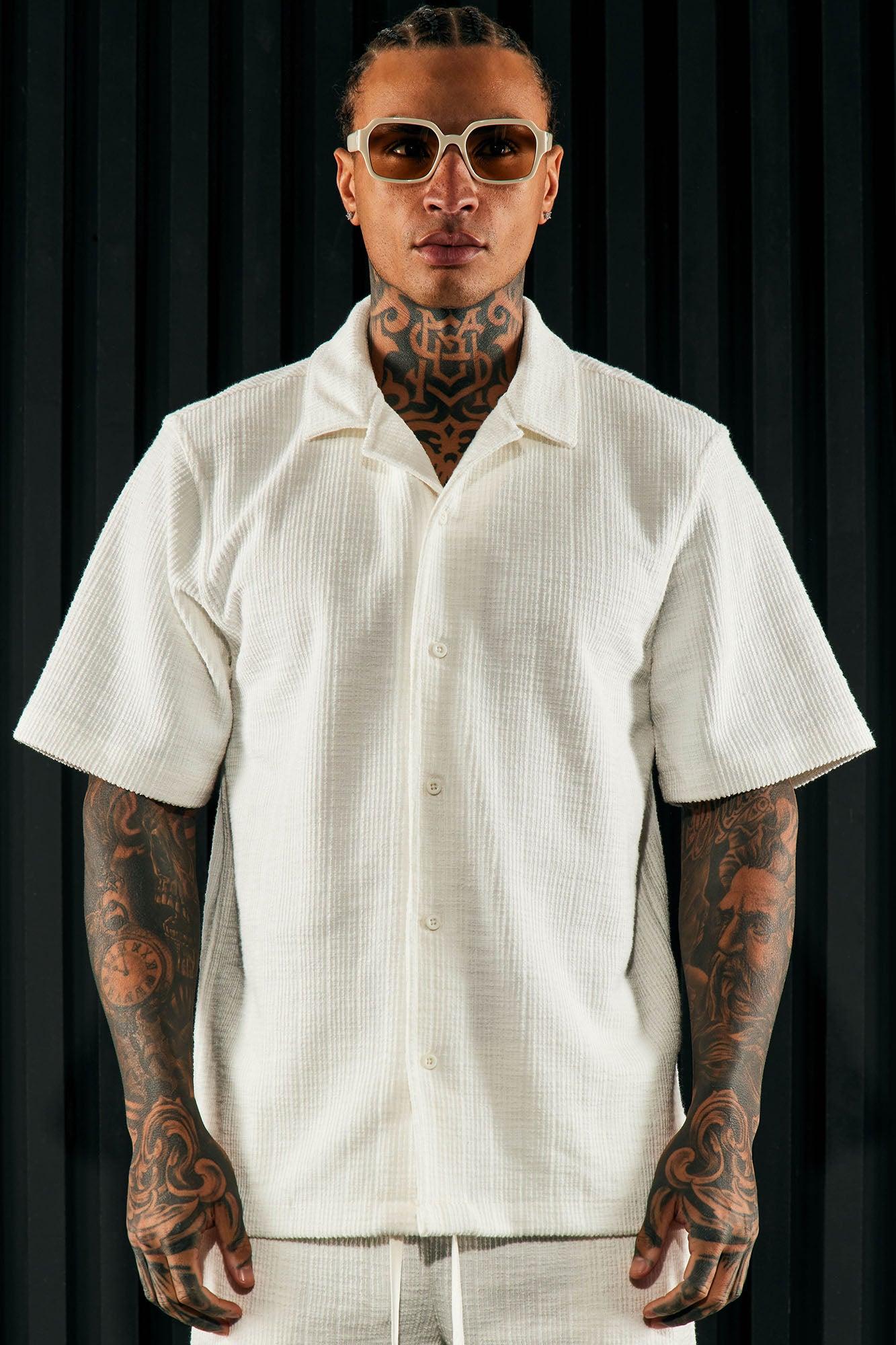 Dean Textured Short Sleeve Button Up Shirt - White Product Image