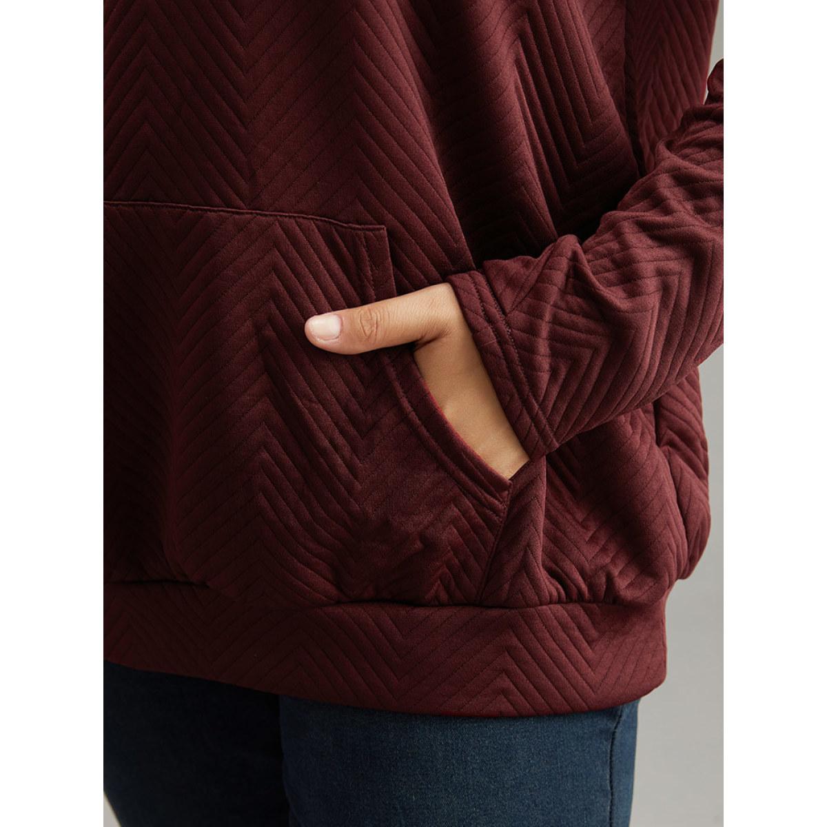 Plus Size Solid Plisse Pocket Button Up Sweatshirt Women Burgundy Casual Texture Polo Dailywear Sweatshirts BloomChic 22-24/3X Product Image
