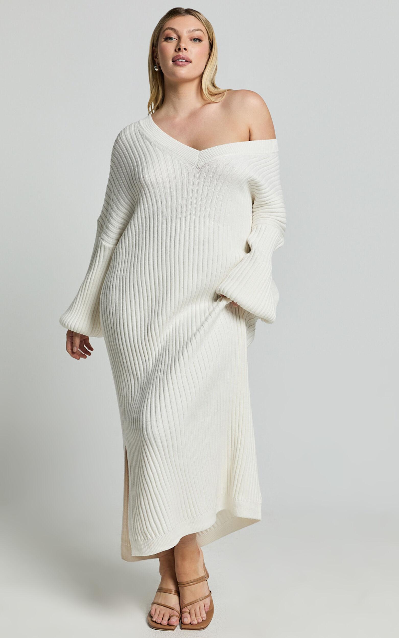 Kartia Midi Dress - V Neck Knit Dress in Off White Product Image