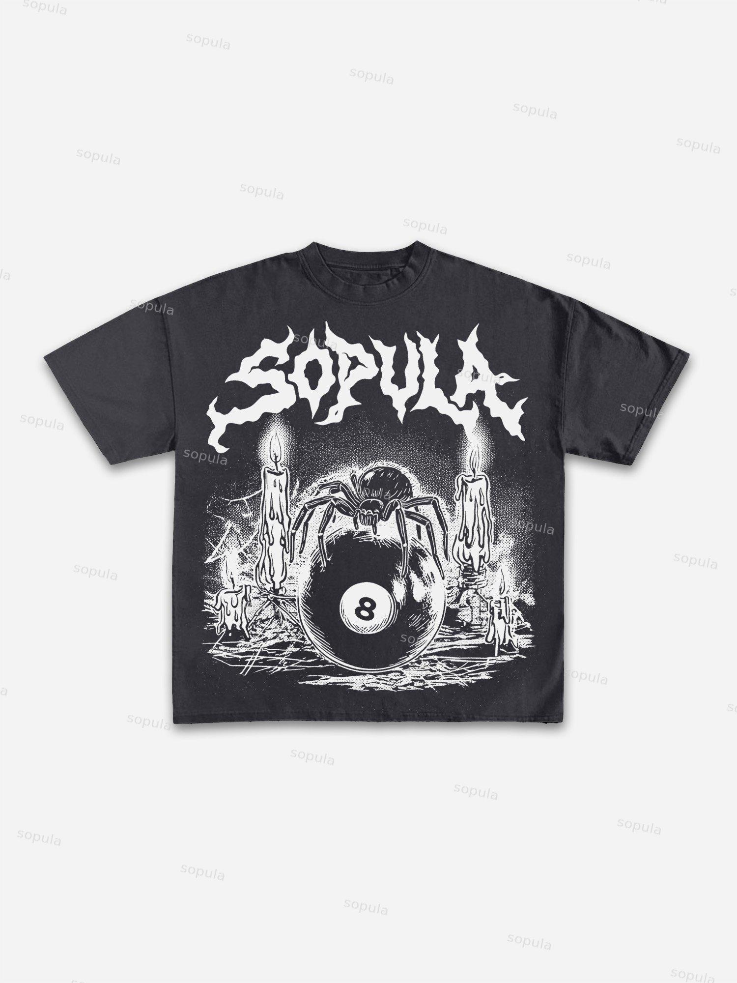 Vintage Gothic Melting Candle Black 8 Spider Graphic Cotton T-shirt Product Image