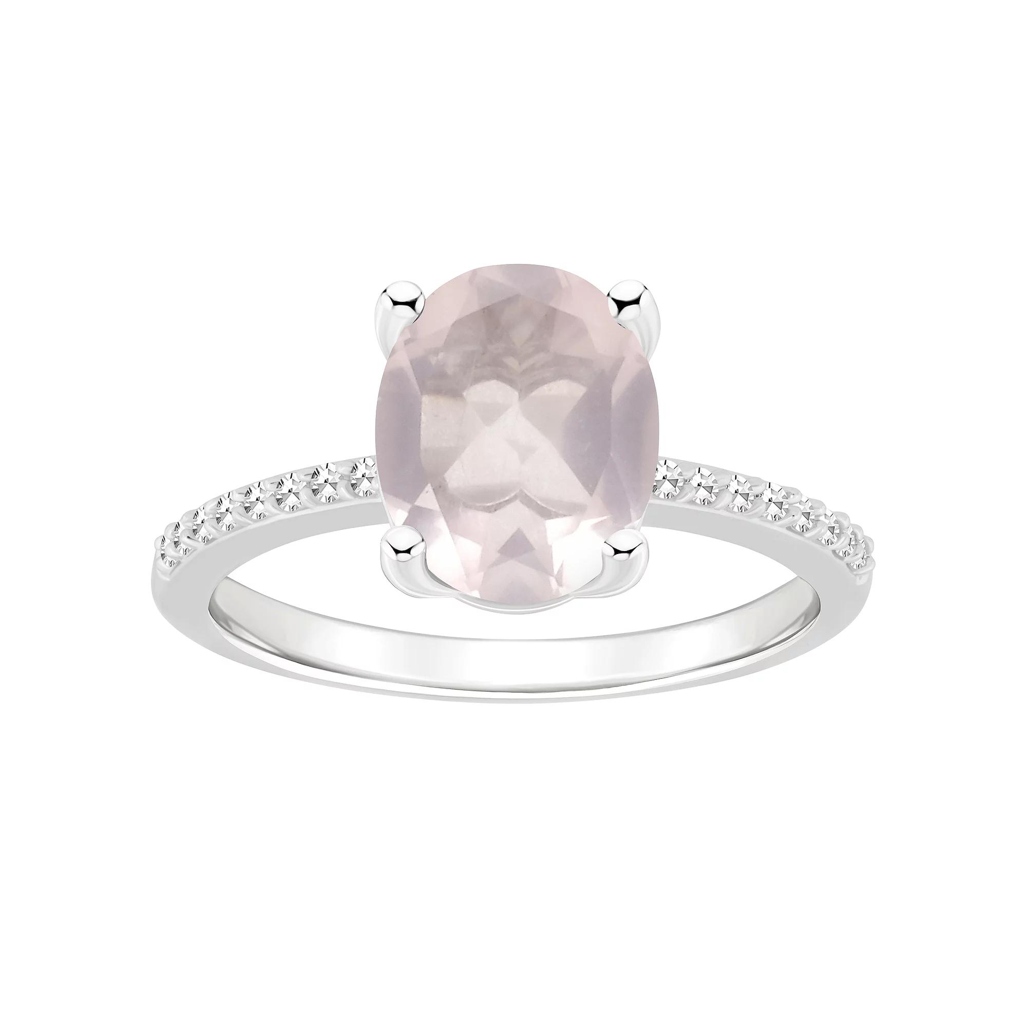 Alyson Layne Sterling Silver 10 mm x 8 mm Oval Gemstone & 1/10 Carat T.W. Diamond Ring, Women's, Size: 9, Pink Quartz Product Image