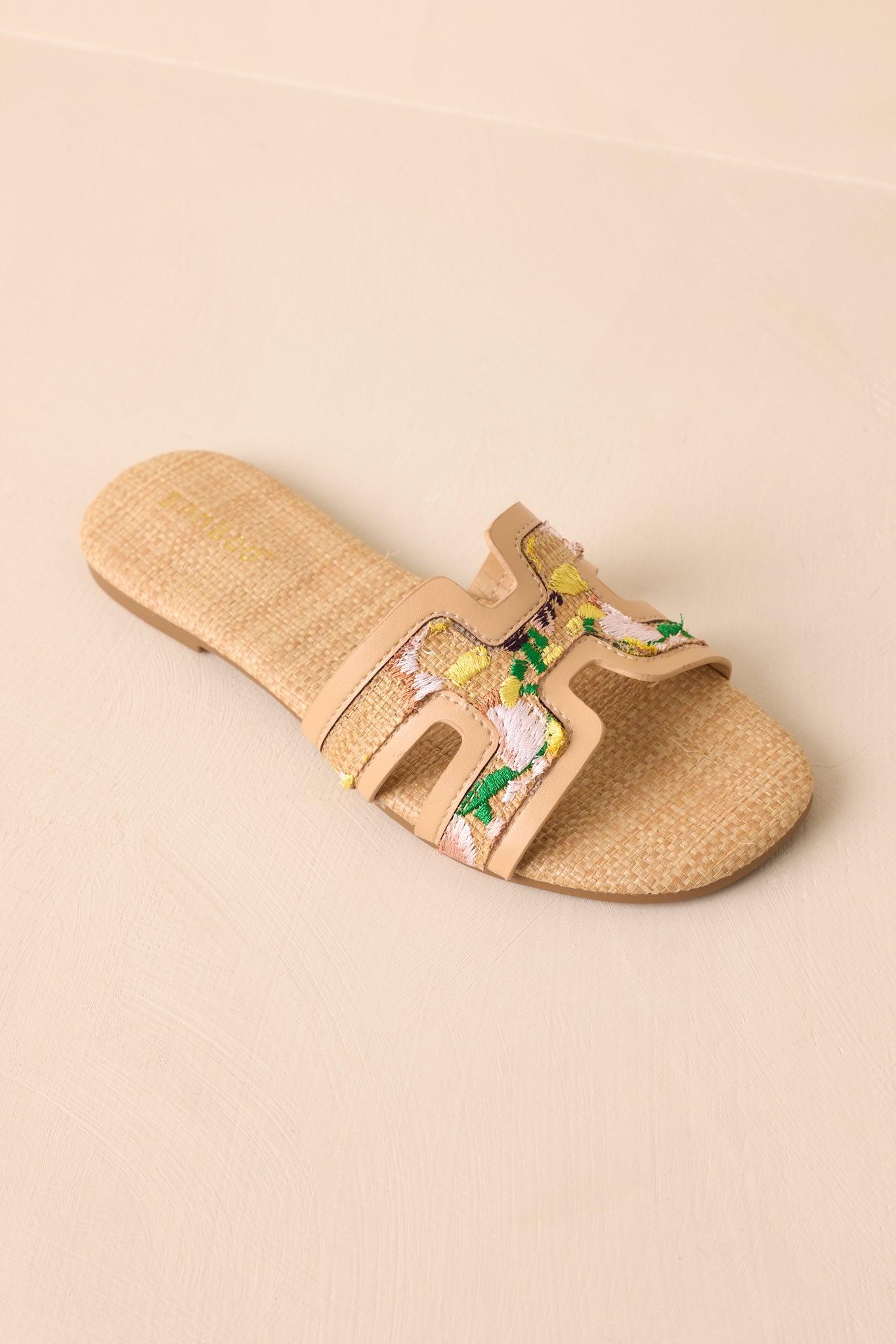 Let's Get Lost Natural Raffia Floral Embroidered Flat Sandals Product Image