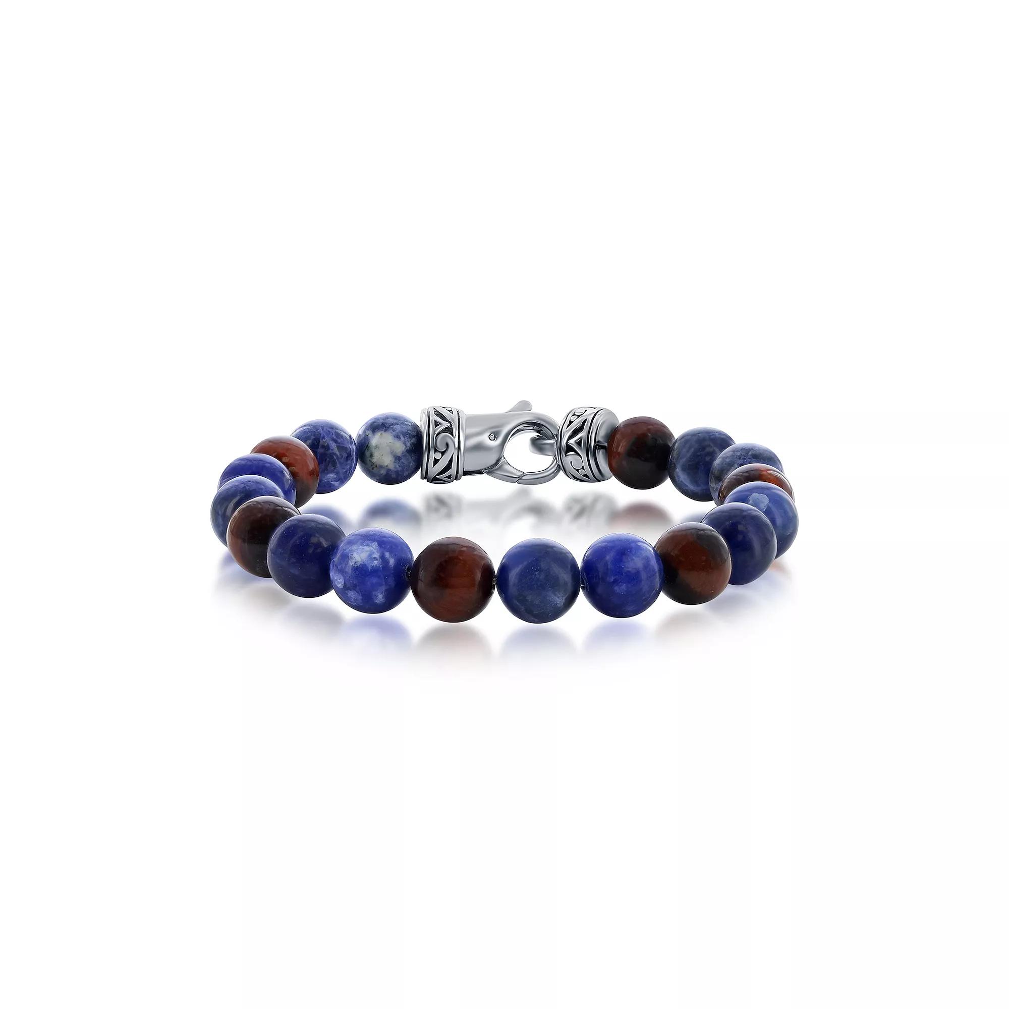 Men's Metallo Stainless Steel Red Tiger Eye & Sodalite Bead Bracelet,  Product Image