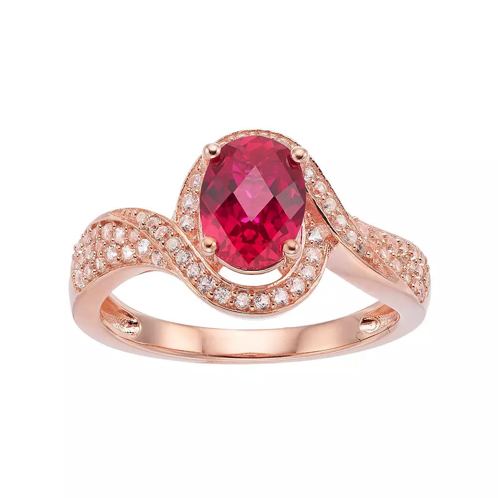 14k Rose Gold Over Silver Lab-Created Ruby & White Sapphire Halo Ring, Women's, Size: 7, Pink Tone Product Image
