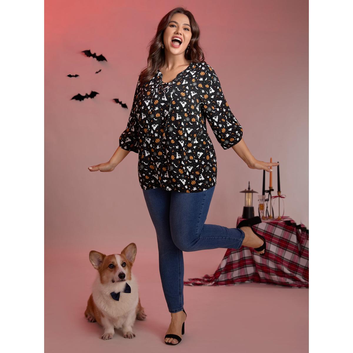 Plus Size BlackFlower Rayon Halloween Print Neck Tie-Up Blouse Women Timeless Elbow-length sleeve V-neck Elegant Blouses BloomChic 18-20/2X Product Image