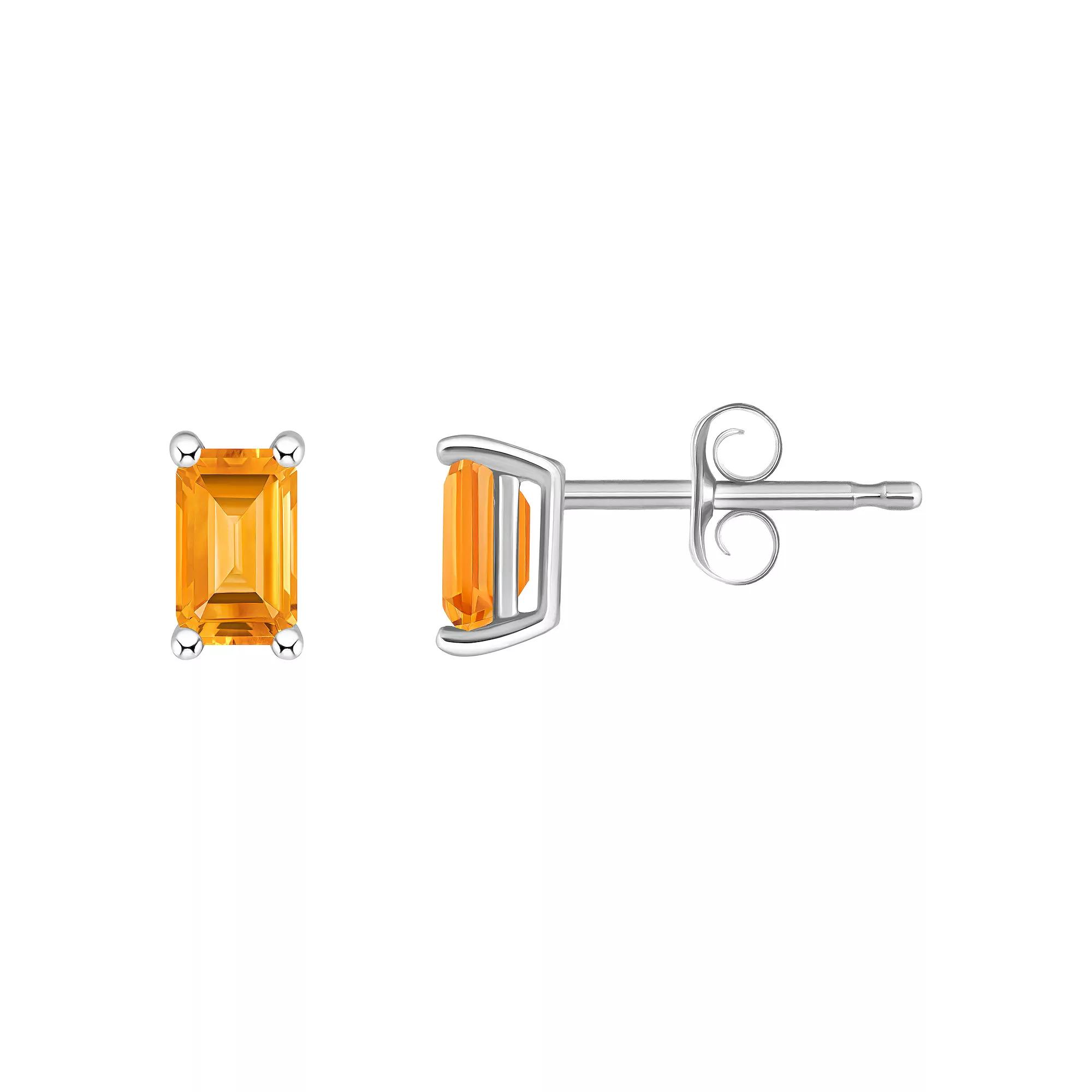 14k White Gold Emerald Cut Birthstone Stud Earrings, Women's, Citrine Nov Product Image