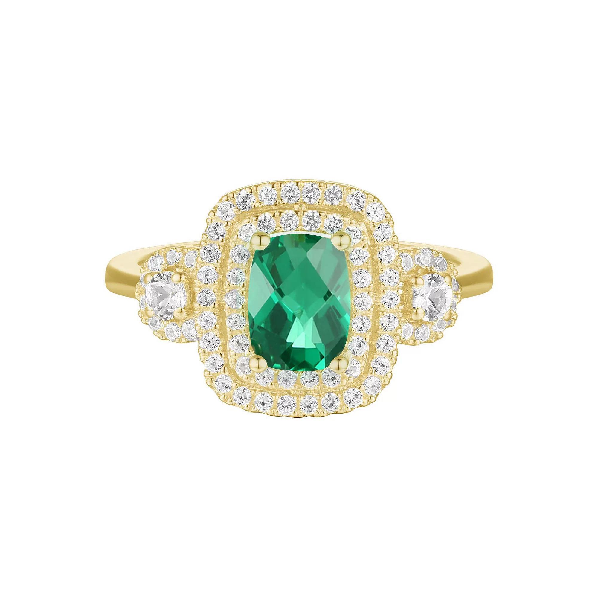 14k Gold Over Silver Lab-Created Emerald, Lab-Created White Sapphire Solitaire Ring, Women's, Size: 7, Gold Tone Product Image