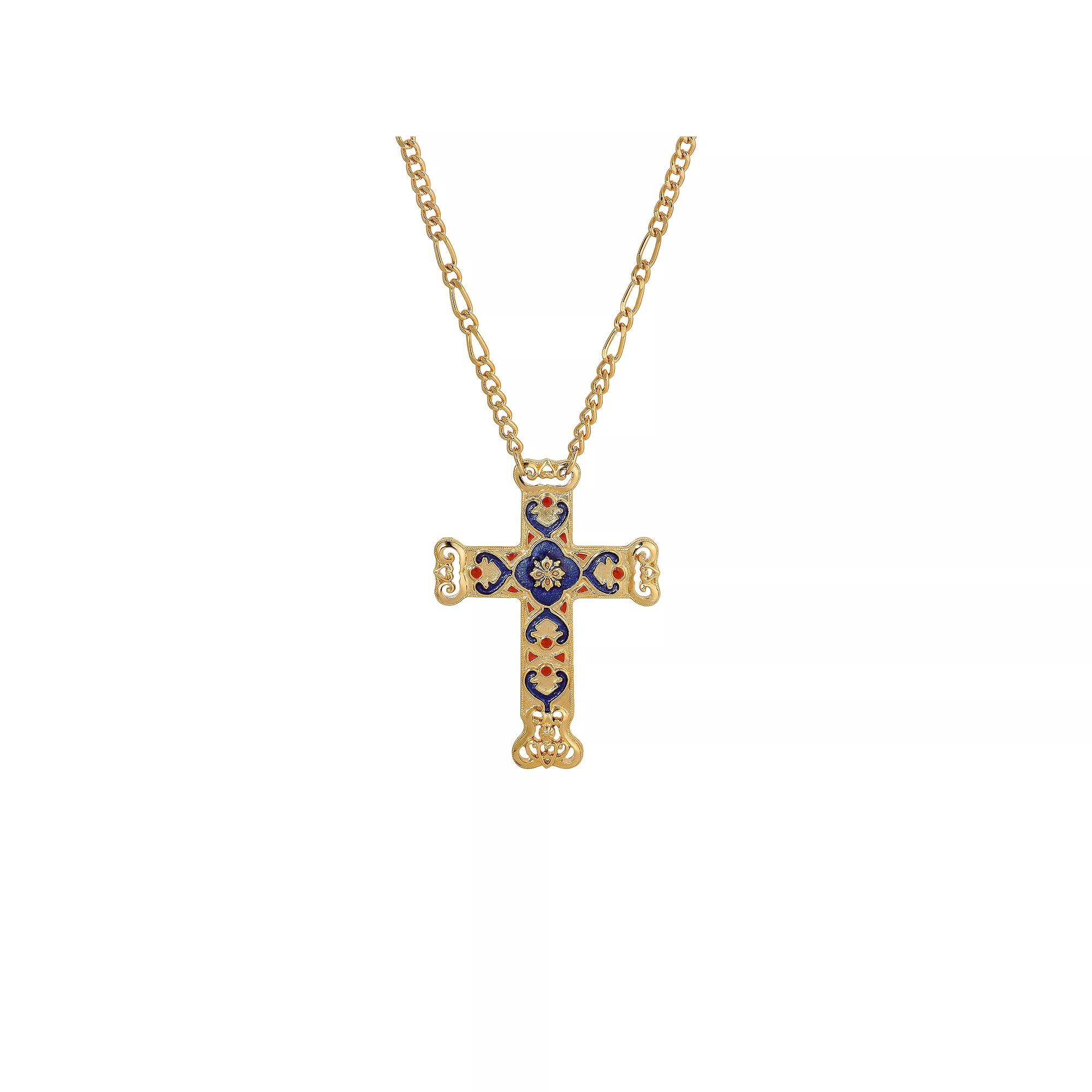 Symbols of Faith Enamel Blue & Red Cross Pendant Necklace, Womens, Silver Blue Product Image