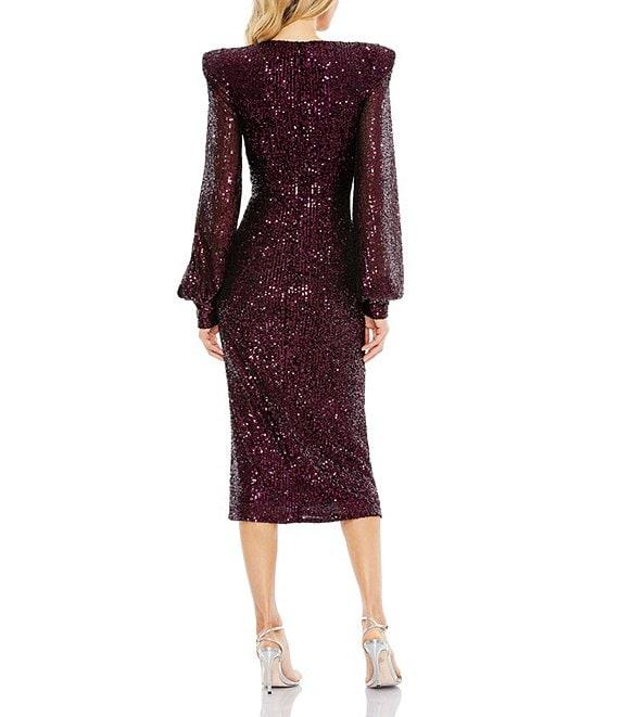 Mac Duggal Plunge V-Neck Long Bishop Sleeve Sequin Sheath Midi Dress Product Image