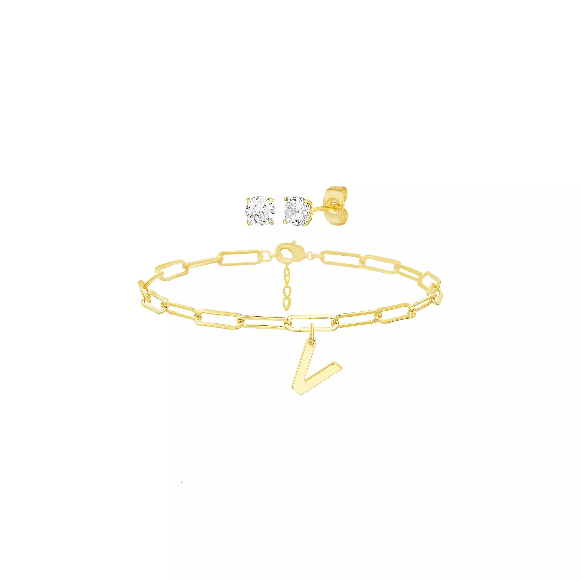 Paige Harper 14k Gold Plated Initial Charm Bracelet & Cubic Zirconia Stud Earring Set, Women's,  Product Image