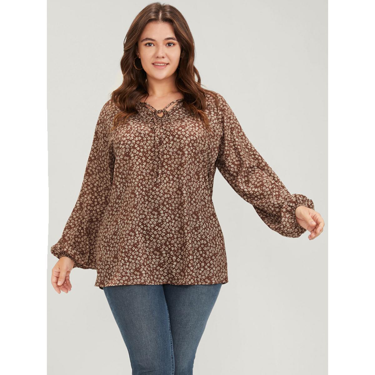 Plus Size Tan Ditsy Floral Lantern Sleeve Ties V Neck Blouse Women Elegant Long Sleeve V-neck Dailywear Blouses BloomChic 26/4X Product Image