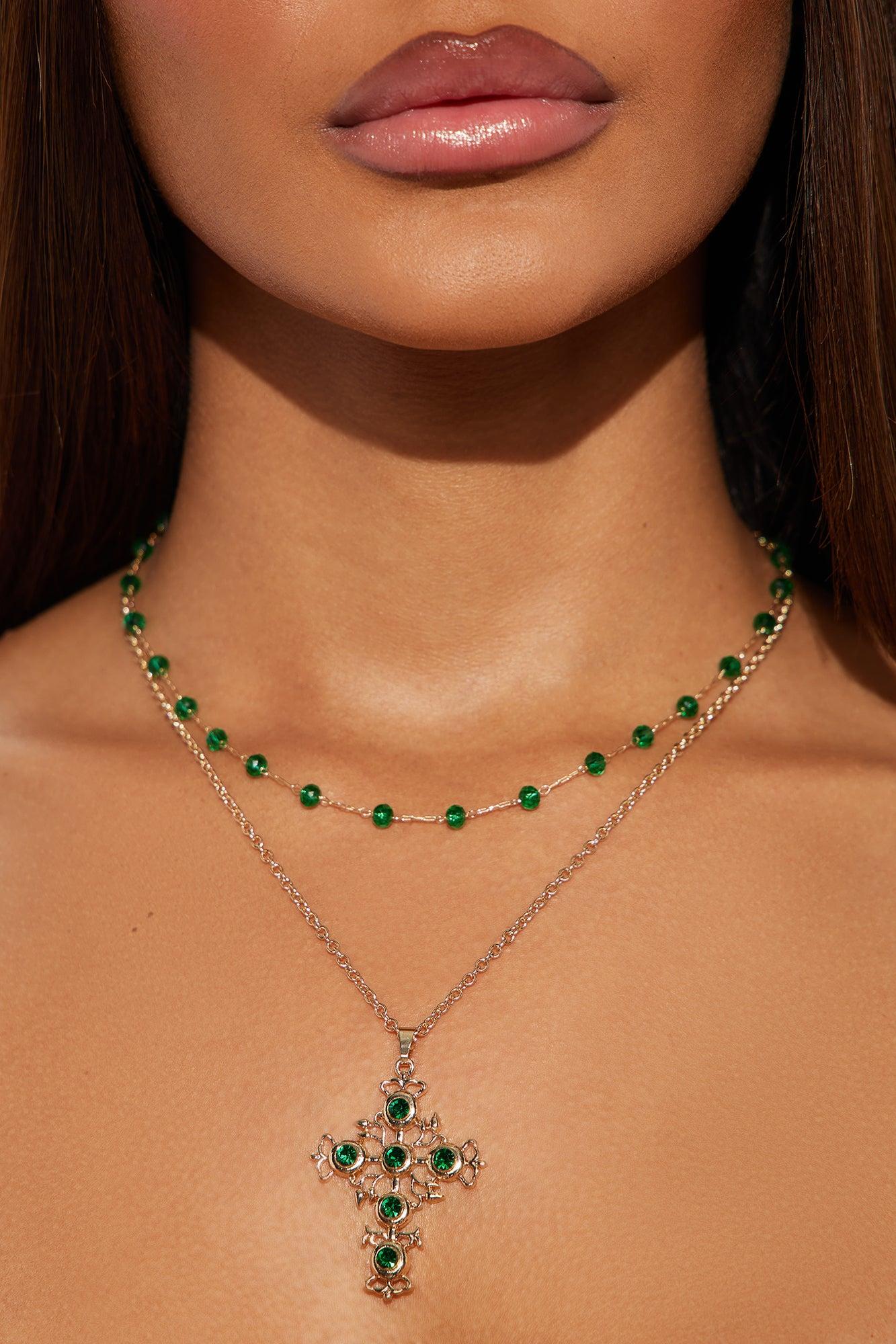 Crossing Your Mind Layered Necklace - Gold/Green Product Image