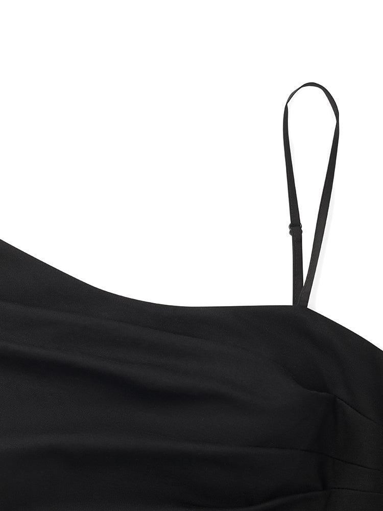 Asymmetrical Slim Spaghetti Strap Dress With Detachable Chest Pads Product Image