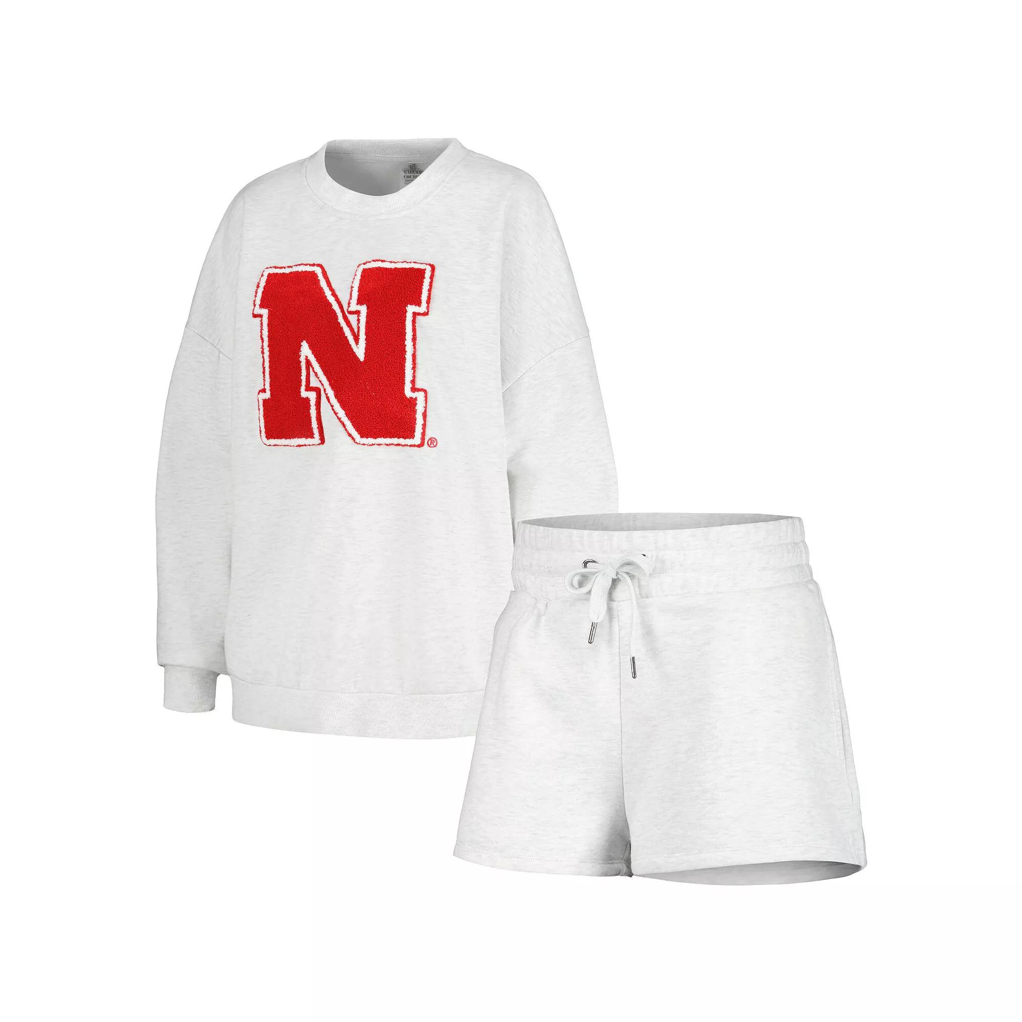 Women's Gameday Couture Ash Nebraska Huskers Team Effort Pullover Sweatshirt & Shorts Sleep Set, Size: 2XL, Black Product Image