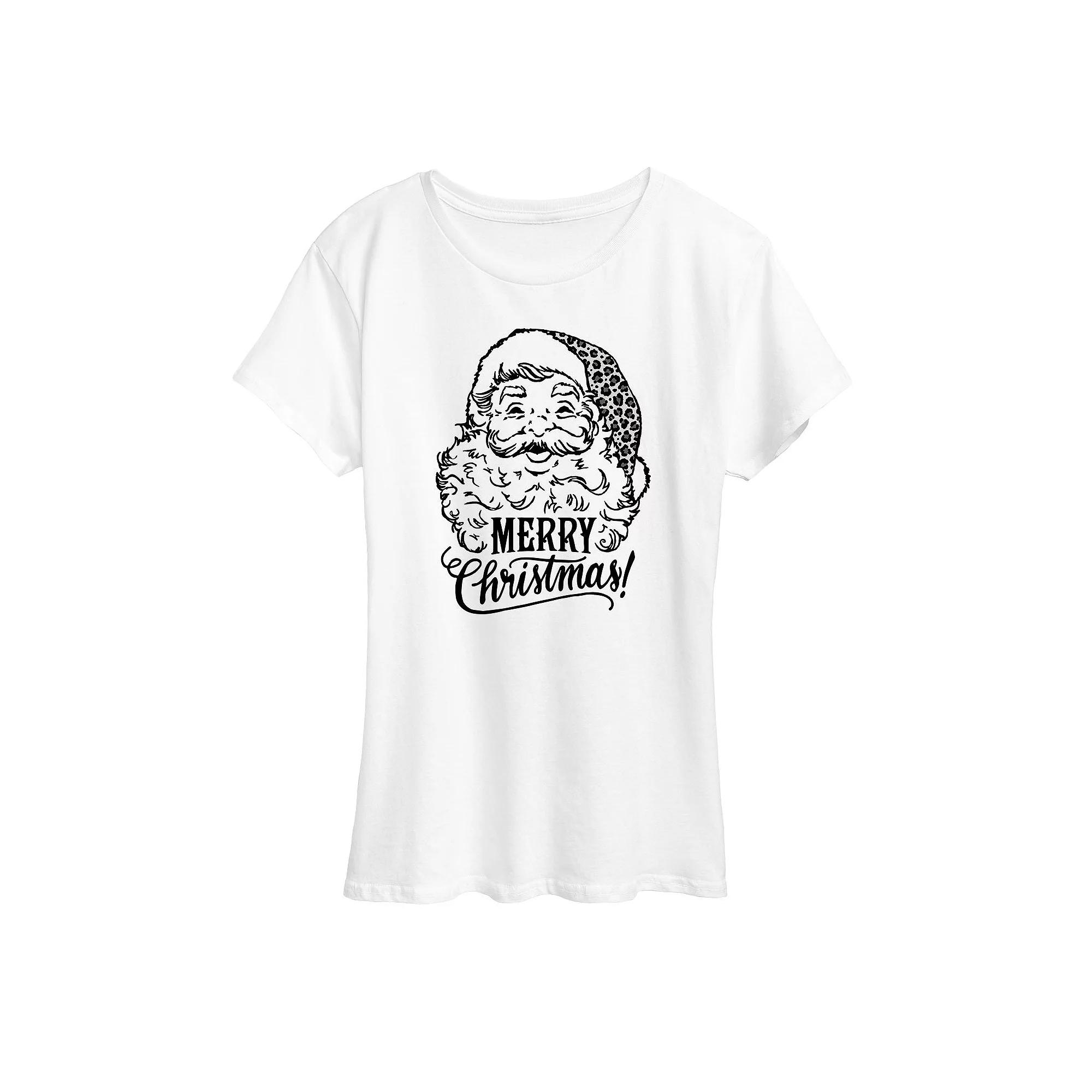 Women's Vintage Santa With Leopard Hat Christmas Graphic Tee, Girl's,  Product Image