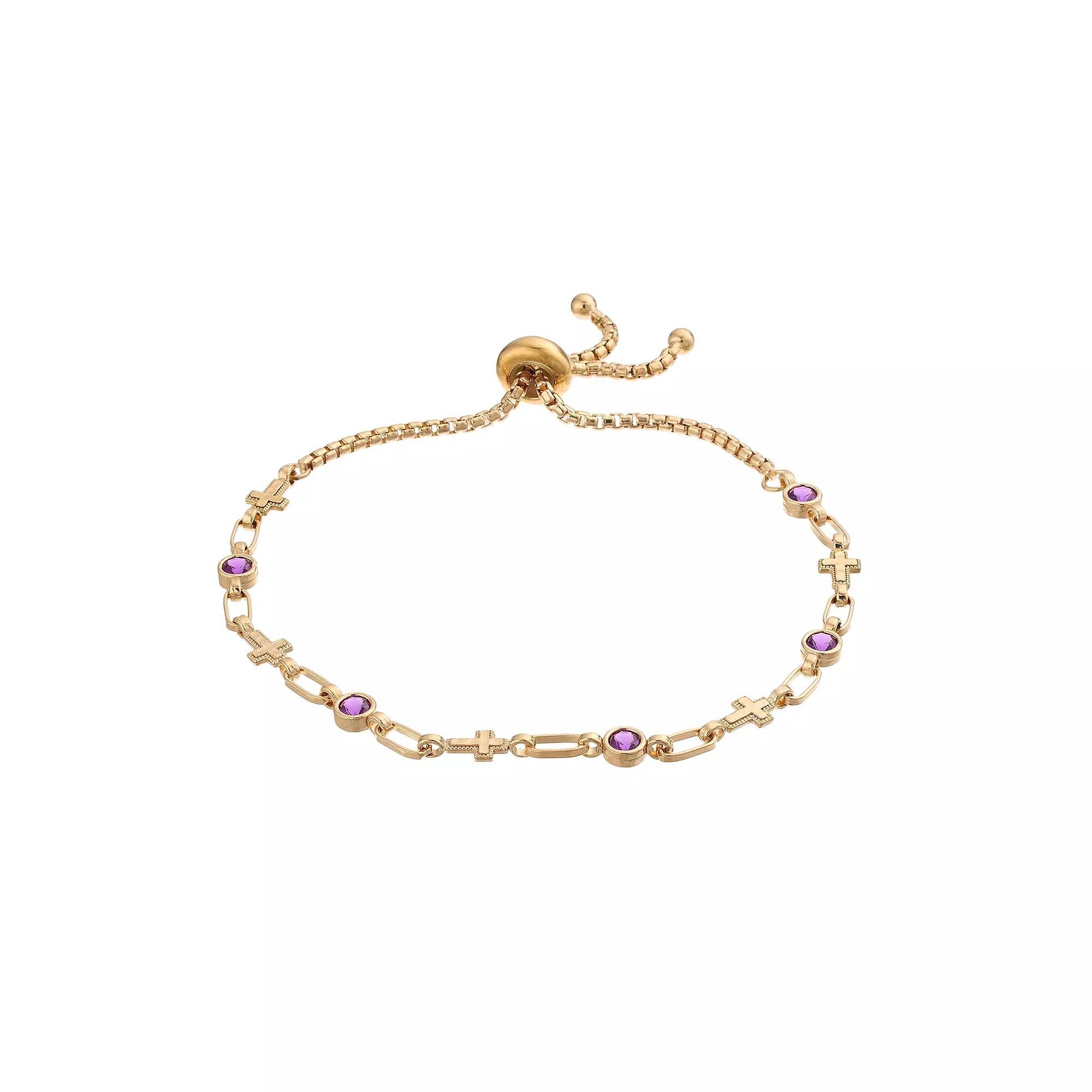 Kristen Kesho Sterling Silver Lab-Created Amethyst & Cross Link Adjustable Bolo Bracelet, Women's, Size: 9.50, Pink Tone Product Image