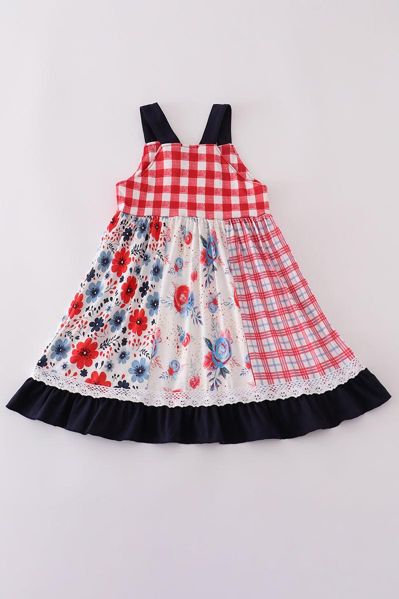 Red floral gingham ruffle dress Product Image