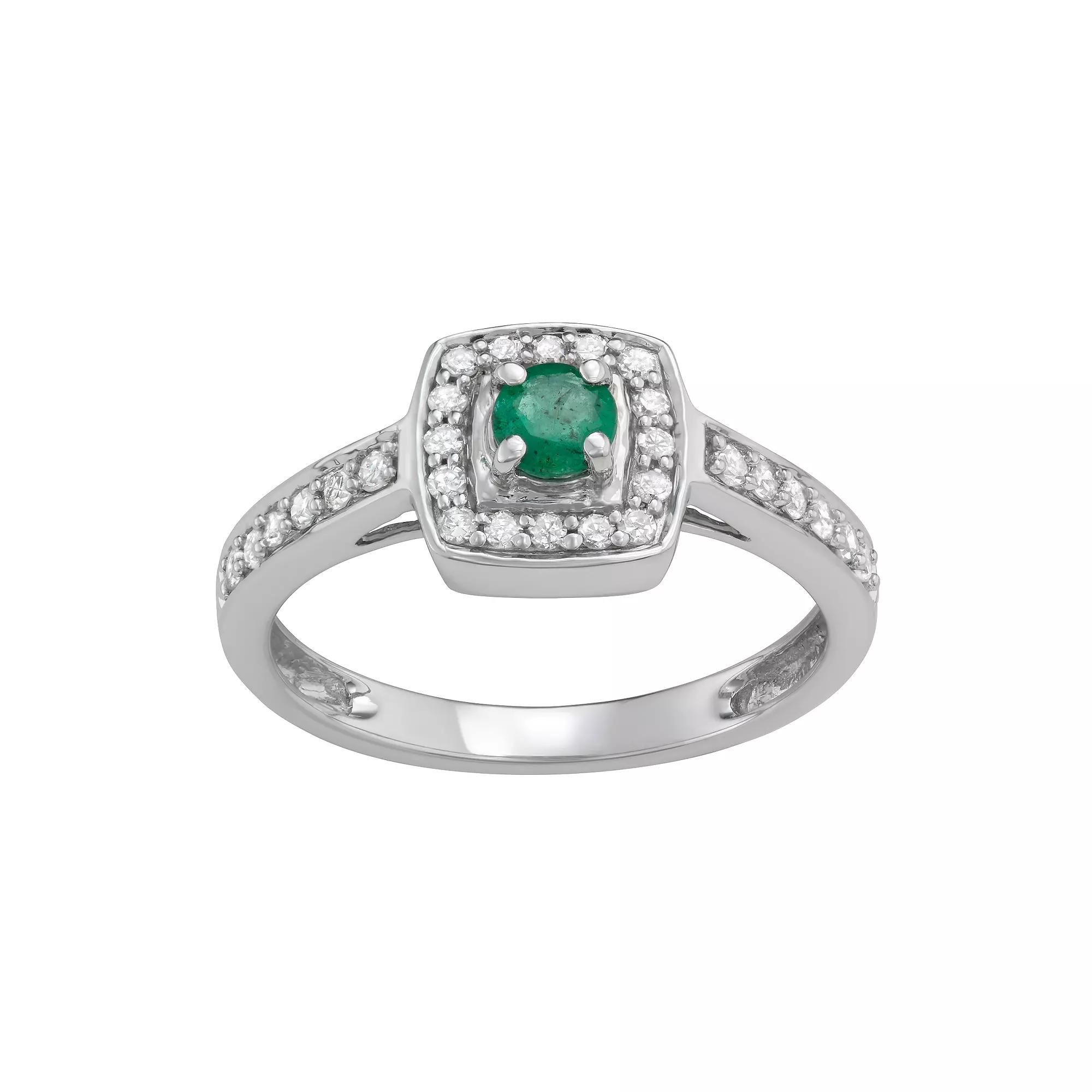14k White Gold 1/3 Carat T.W. Diamond & Gemstone Halo Engagement Ring, Women's, Size: 8, Green Product Image