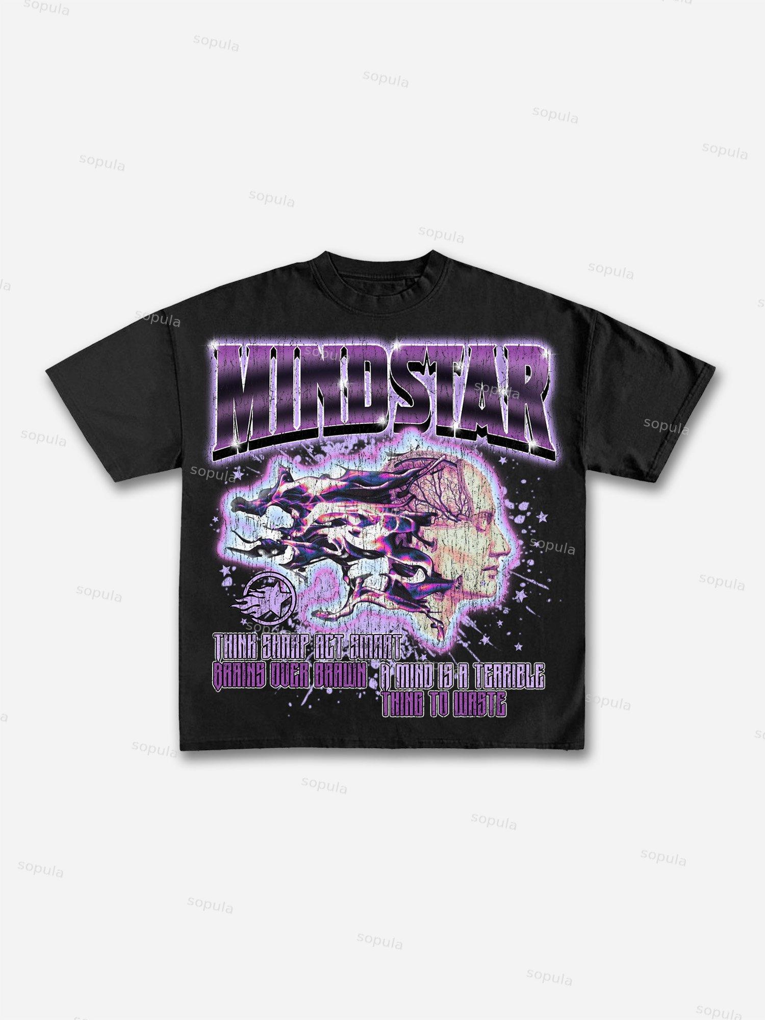 Mindstar-Burning Thinking-Retro Pattern Printing Cotton T-Shirt Product Image