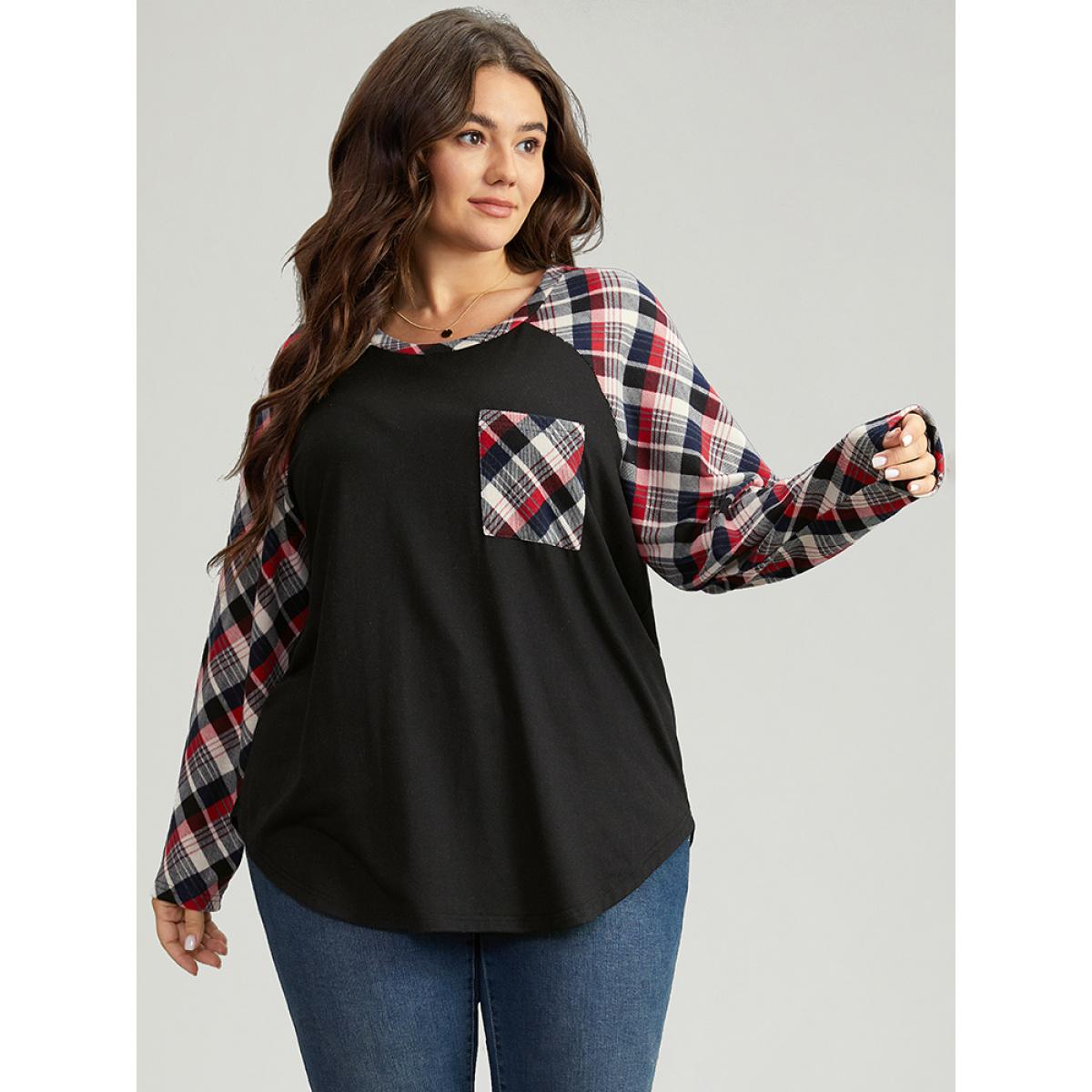 Plus Size Plaid Patched Pocket Raglan Sleeve T-shirt Black Women Casual Contrast Plaid Round Neck Festival-Christmas T-shirts BloomChic 28/5X Product Image