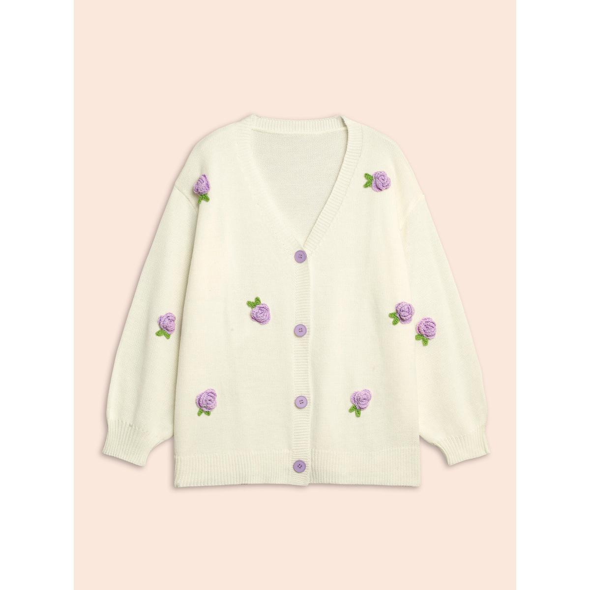 Plus Size Crochet Floral Contrast Button Up Cardigan Ivory Women Casual Loose Long Sleeve Everyday Cardigans BloomChic 30/6X Product Image