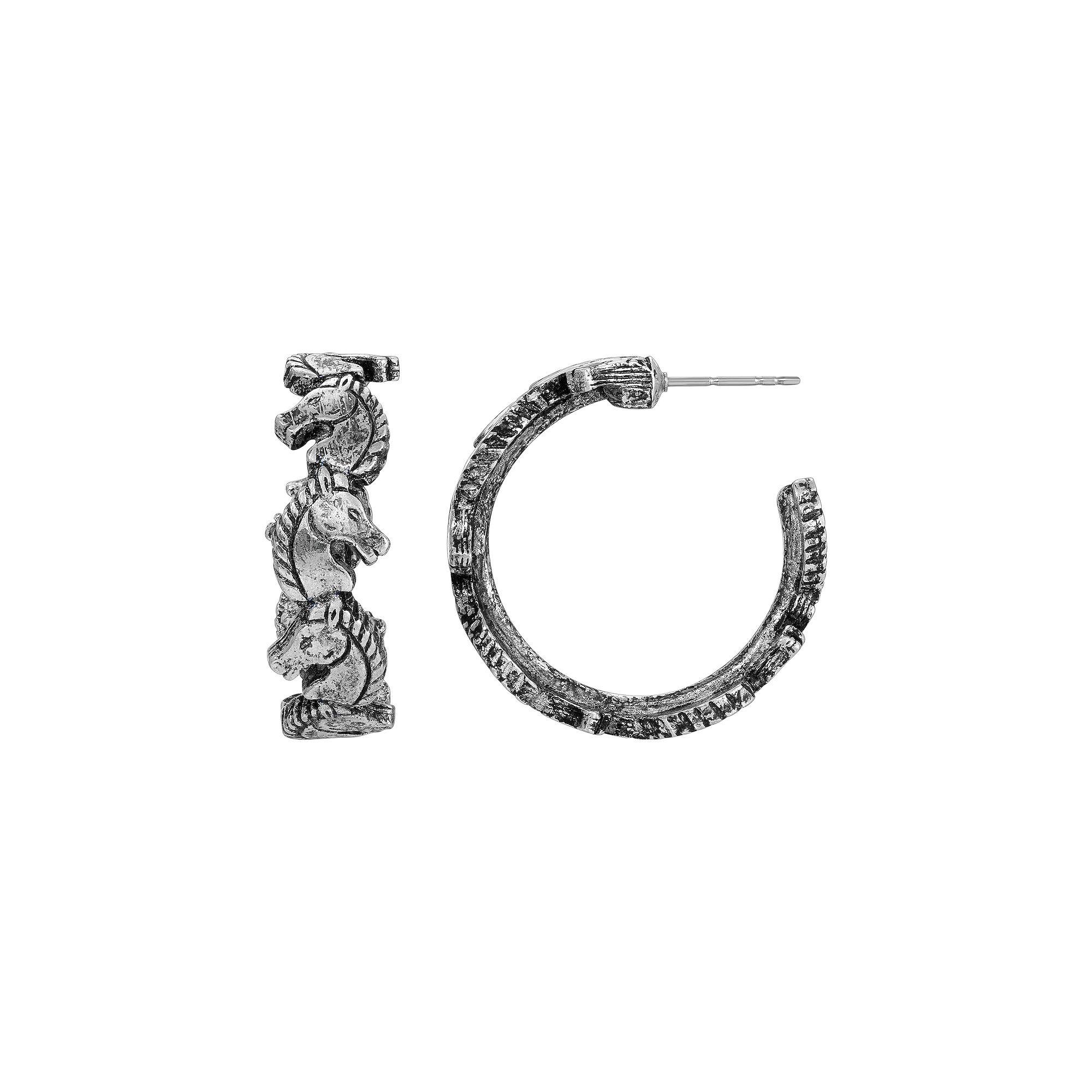 1928 Silver Tone Horse Head Hoop Earrings, Womens Product Image