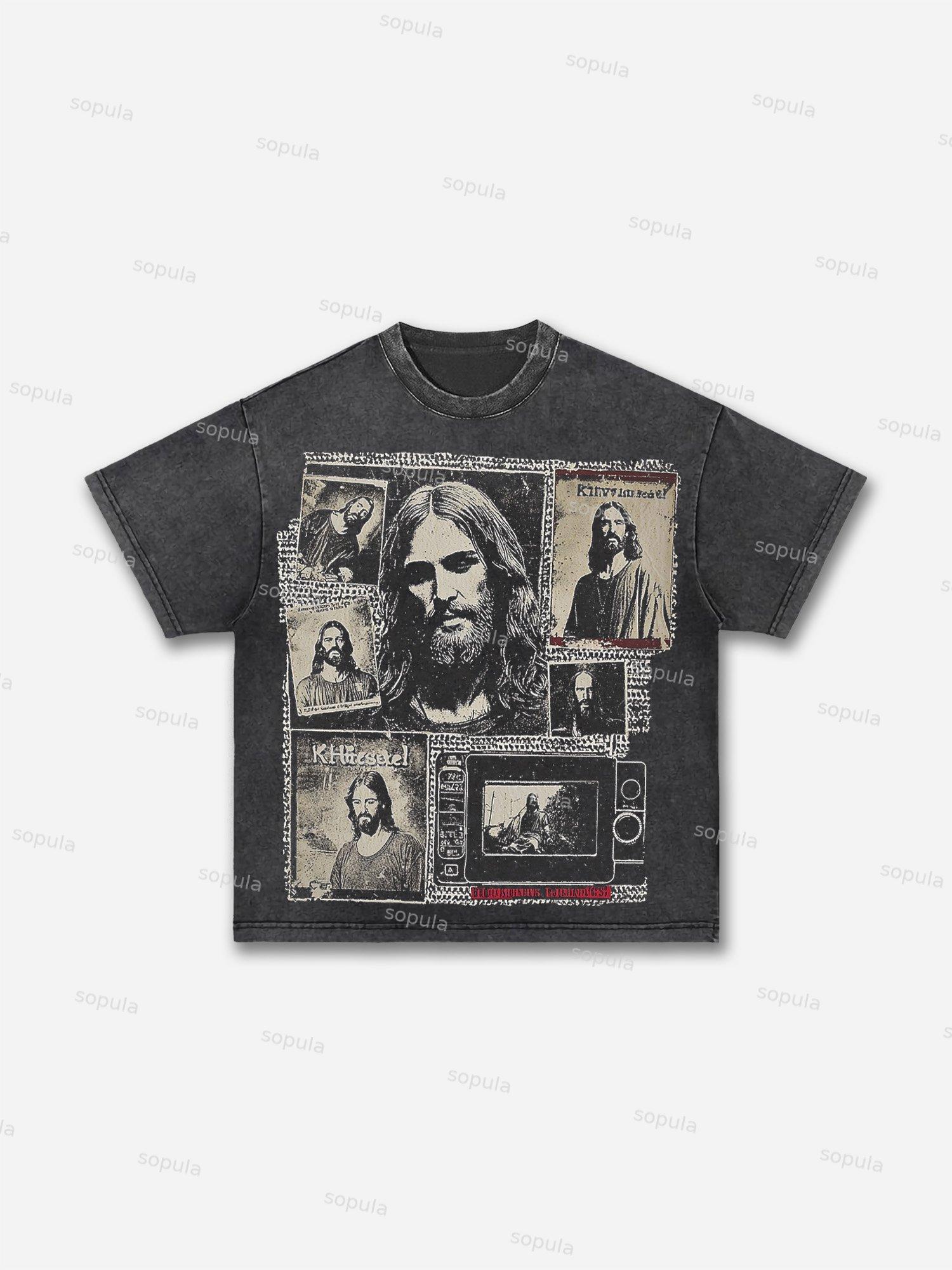 Vintage Jesus Memories Retro Camera Print Acid Wash T-shirt Product Image
