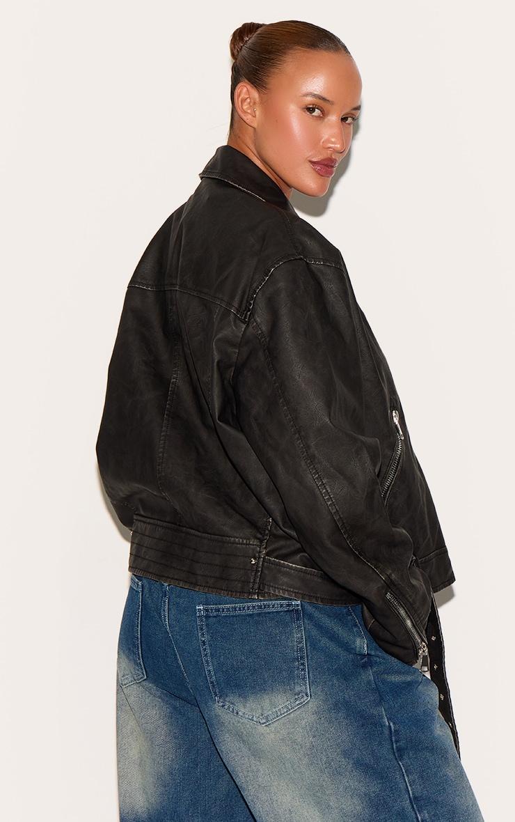 Plus Black Vintage Faux Leather Oversized Zip Up Biker Jacket Product Image