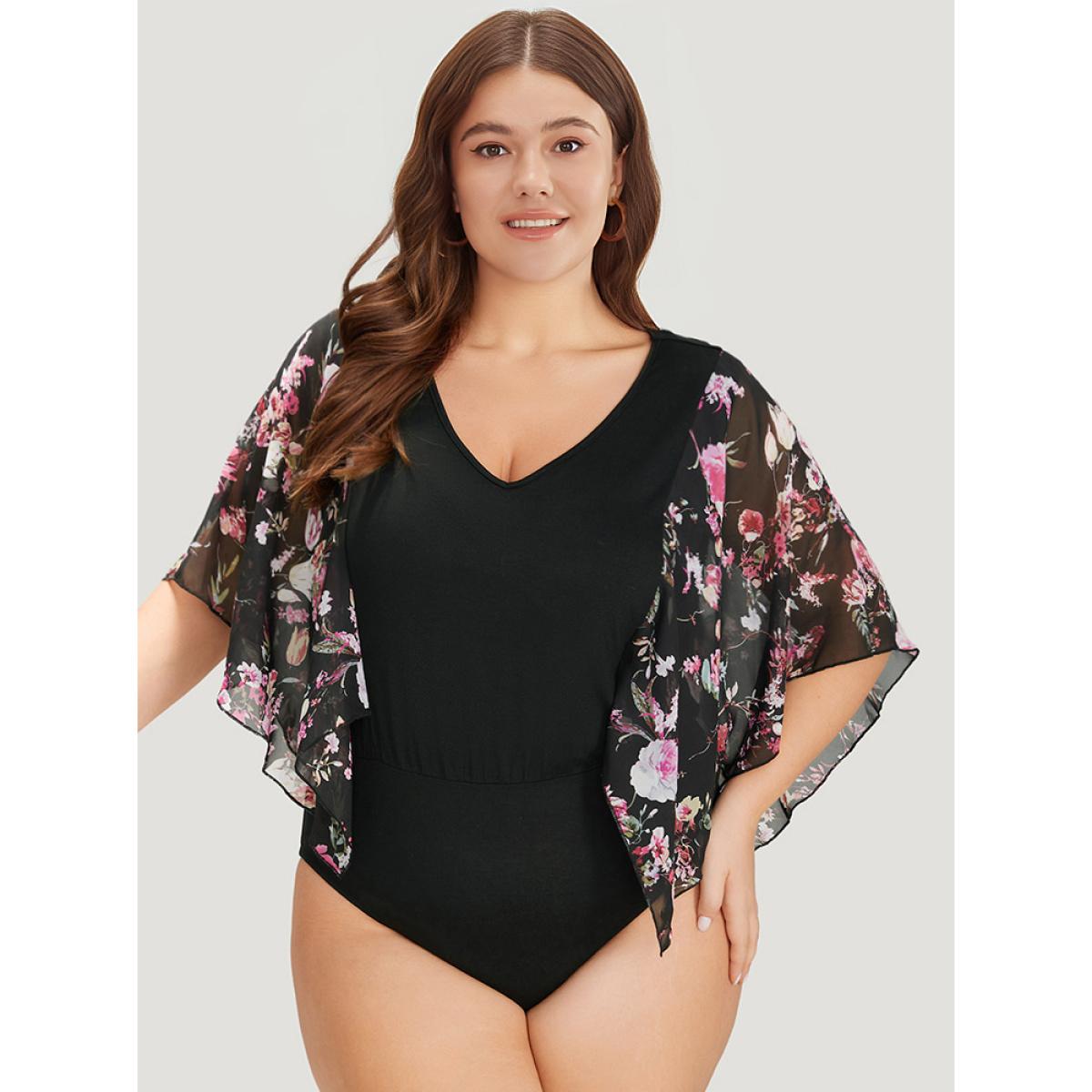 Plus Size Floral Print Patchwork Mesh Asymmetrical Sleeve Bodysuit Women Black Ditsy Floral Printed Bodysuits BloomChic 30/6X Product Image