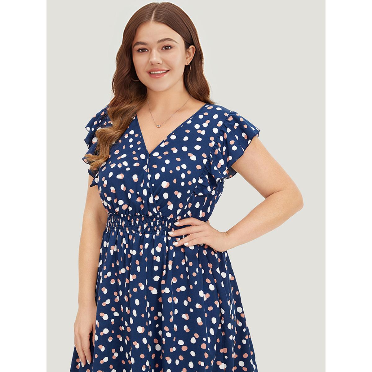Plus Size Allover Print Pocket Wrap Flutter Cap Sleeve Dress DarkBlue Women Office Wrap V-neck Sleeveless Curvy Midi Dress BloomChic 22-24/3X Product Image