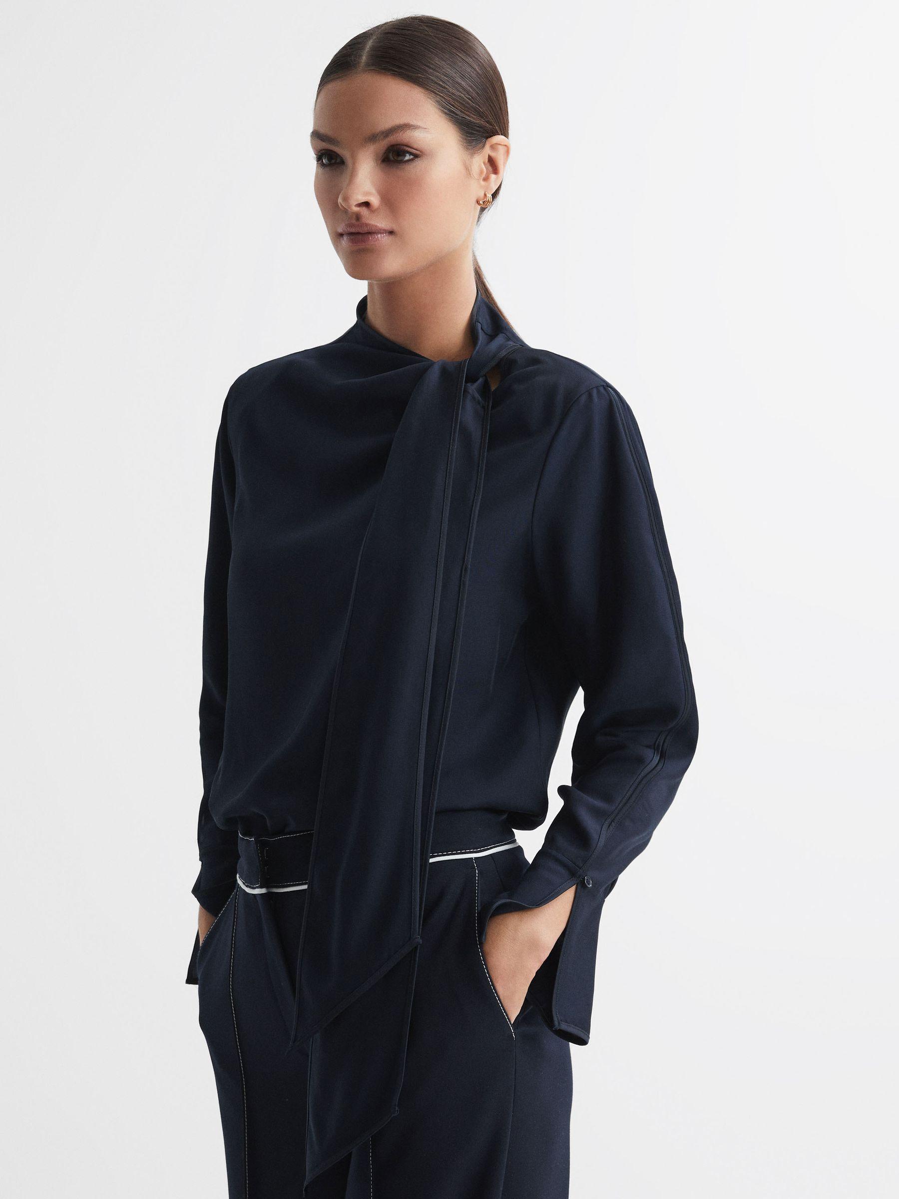 Tie Neck Blouse in Navy Product Image