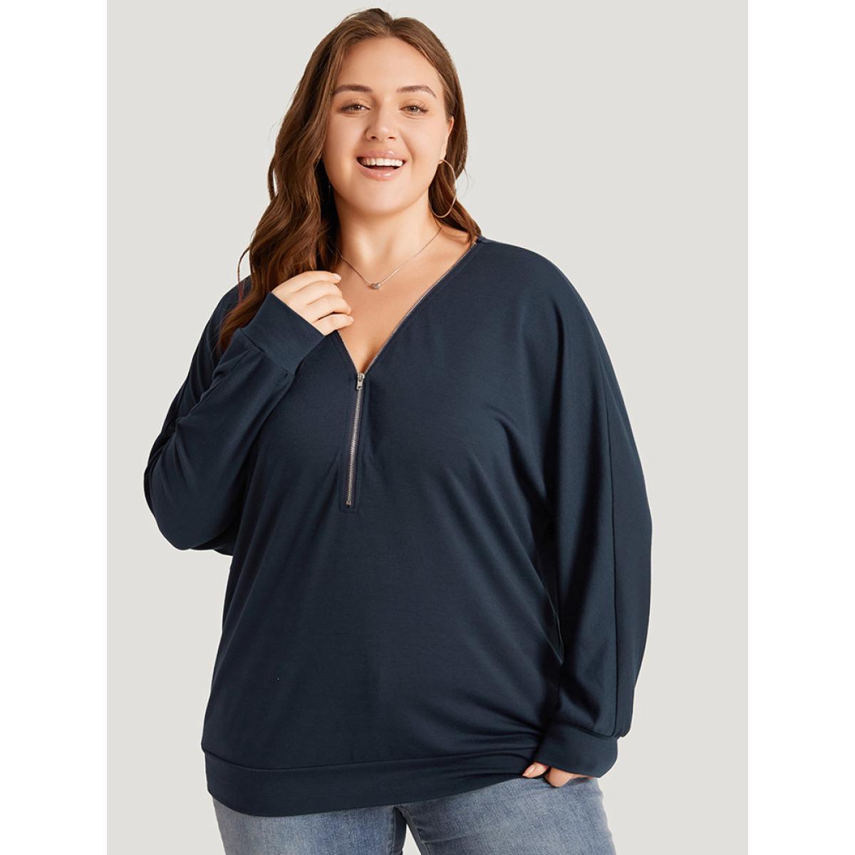 Plus Size Plain Zipper Half Elastic Cuffs Batwing Sleeve Sweatshirt Women Indigo Casual Elastic cuffs V-neck Dailywear Sweatshirts BloomChic 26/4X Product Image