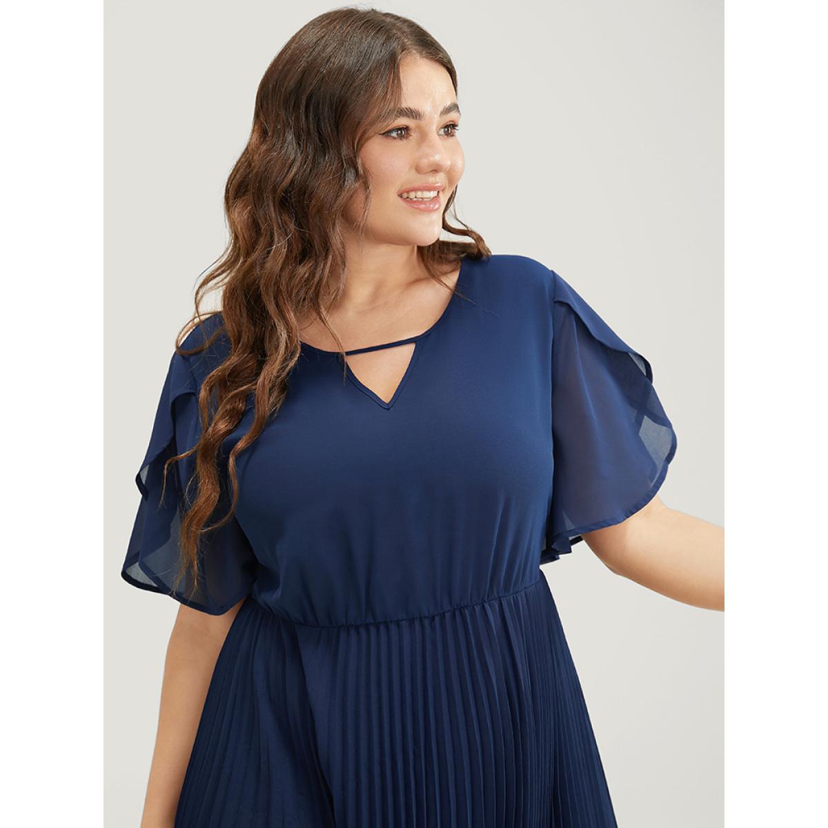 Plus Size Solid Keyhole Split Chiffon Petal Sleeve Pleated Hem Dress Navy Women Office Plain V-neck Short sleeve Curvy Midi Dress BloomChic 22-24/3X Product Image