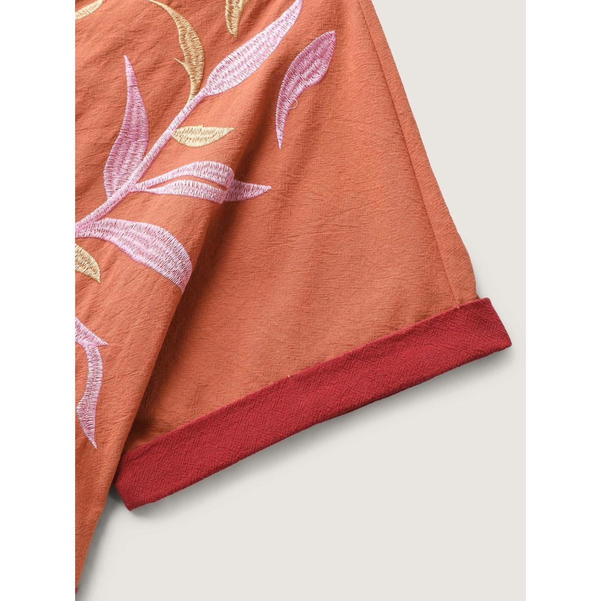 Plus Size Cotton Leafy Embroidery Color Contrast Midi Dress OrangeRed Women Boho V-neck Short sleeve Curvy BloomChic 14-16/1X Product Image