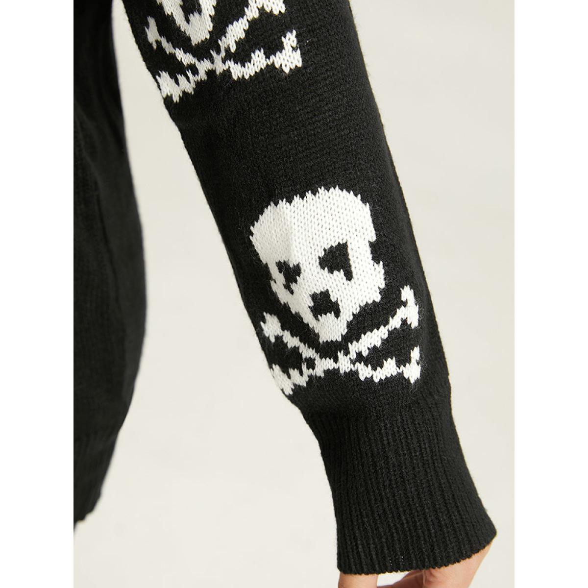 Plus Size Halloween Elastic Cuffs Skull Print Pullover Black Women Casual Loose Long Sleeve V-neck Dailywear Pullovers BloomChic 26/4X Product Image