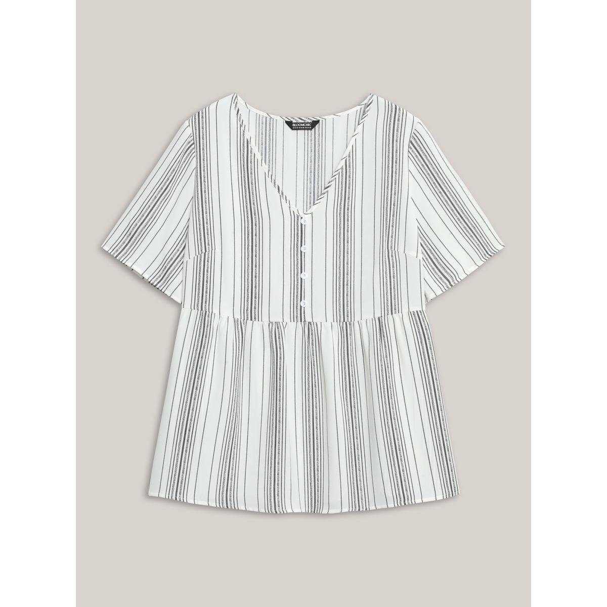 Plus Size Ivory Striped Button Detail Flowy Shirt Women Leisure Half Sleeve V-neck Vacation Blouses BloomChic 18-20/2X Product Image