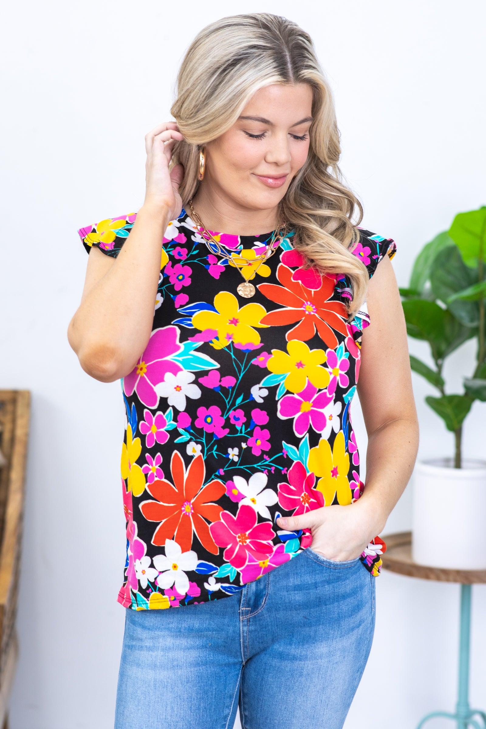 Black Floral Ruffle Sleeve Knit Top Product Image