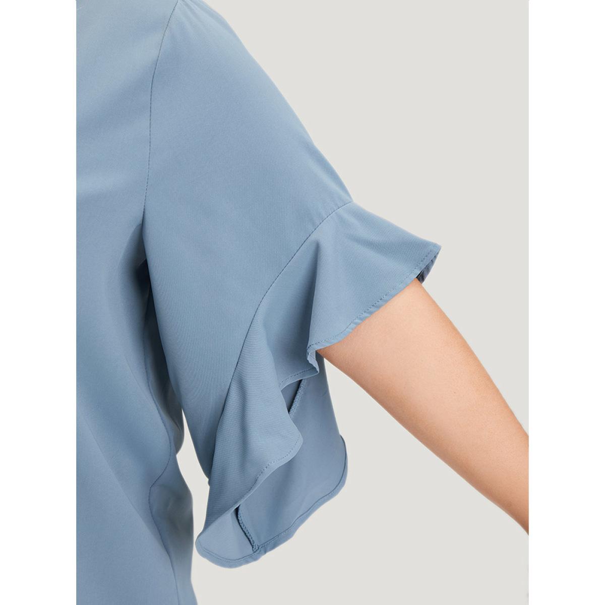Plus Size Stone Anti-Wrinkle Plain Notched Flutter Sleeve Button Up Blouse Women Office Short sleeve Notched collar Work Blouses BloomChic 26/4X Product Image