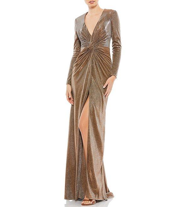 Mac Duggal Metallic Deep V-Neck Long Sleeve Twist Front Slit Gown Product Image