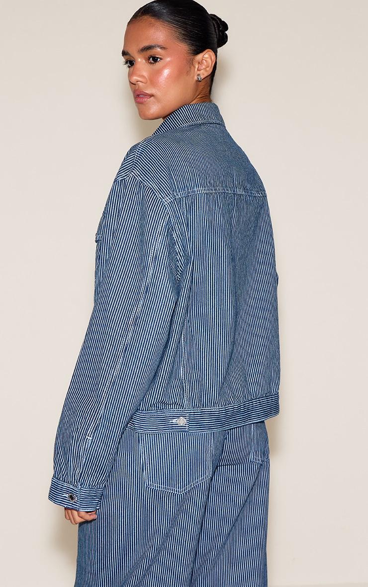  Dark Blue Striped Classic Denim Jacket Product Image