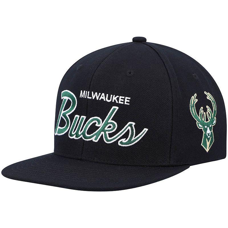Men's Mitchell & Ness Black Milwaukee Bucks Hardwood Classics Script 2.0 Snapback Hat Product Image